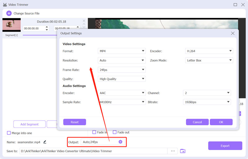 Custom Output Video Audio Settings in Video Trimmer Ark