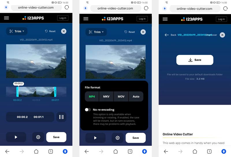 Cortar un vídeo en Android en línea con 123apps