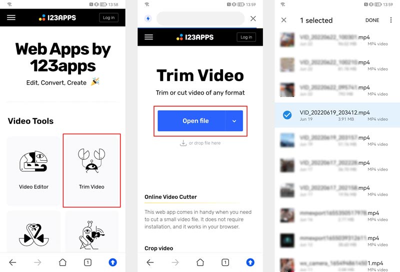 Couper une vidéo en ligne Android 123apps