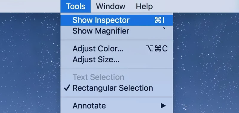 Outils de prévisualisation Mac Afficher l'inspecteur