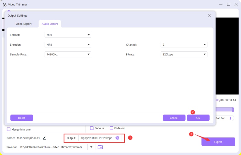 Scegli il formato audio di output ed esporta