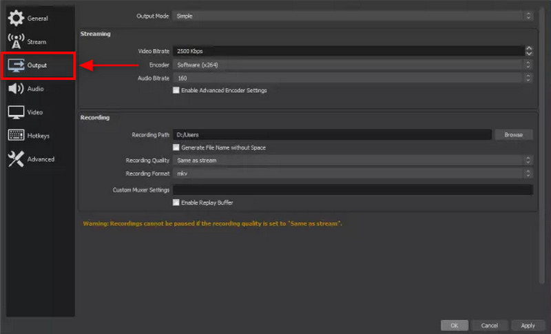 Gå til Output Setting