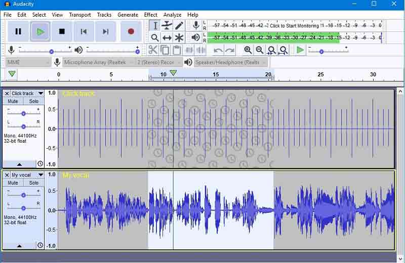 Snímek obrazovky Audacity