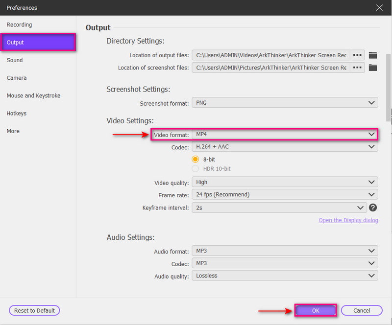 Cambia il formato di output in GIF