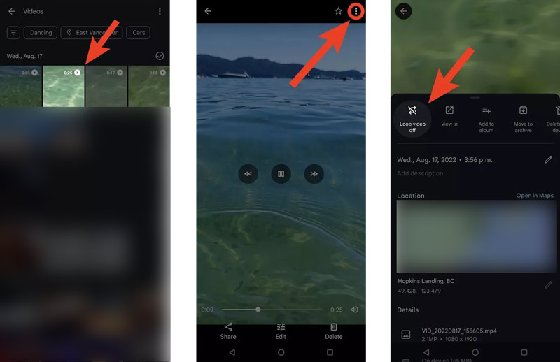 Faça um loop de vídeo no Android Google Fotos