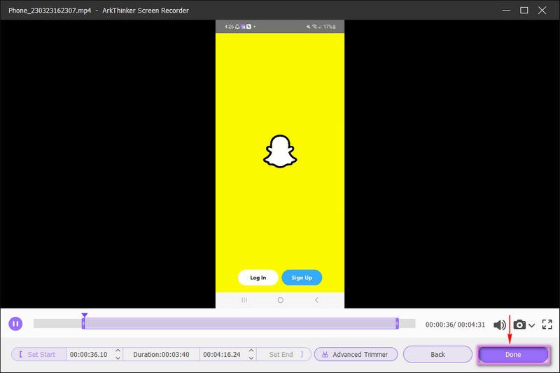 Salva l'output registrato della schermata Snapchat