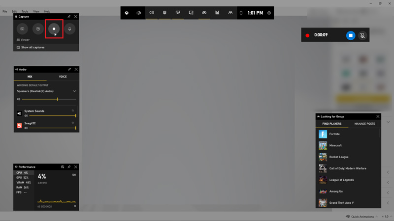 Záznam obrazovky na herním panelu Xbox Windows 10 11