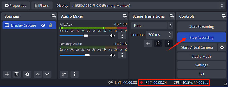 停止錄製 Windows 螢幕 OBS Studio