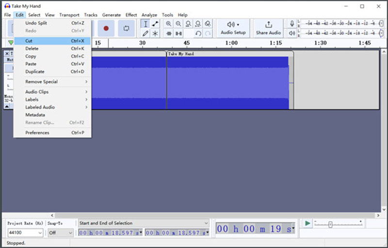 Taglia file MP3 in Audacity