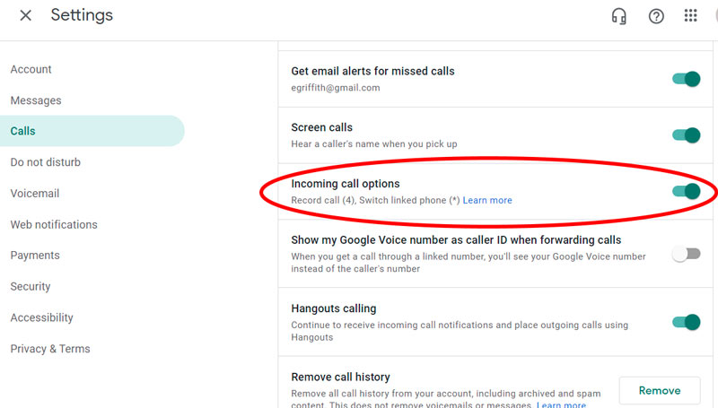 Ative as opções de chamadas recebidas do Google Voice