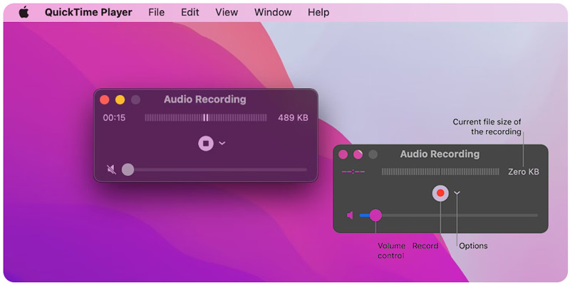 Options d'enregistrement audio QuickTime