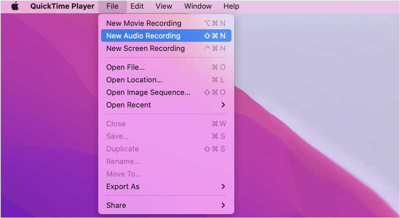 Mac QuickTime Player New Audio Recording
