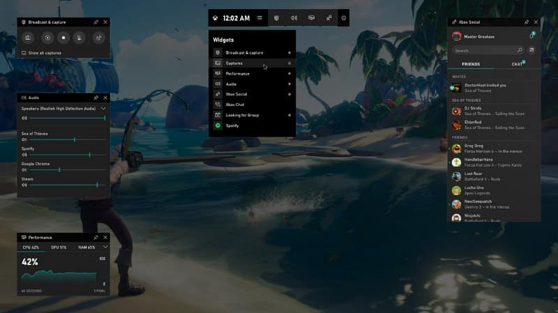 Interface da barra de jogo Xbox