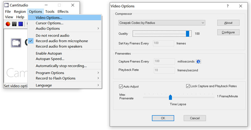 Configuración de grabación de CamStudio