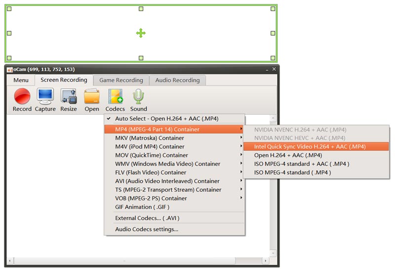 oCam Schermrecorder-codecs