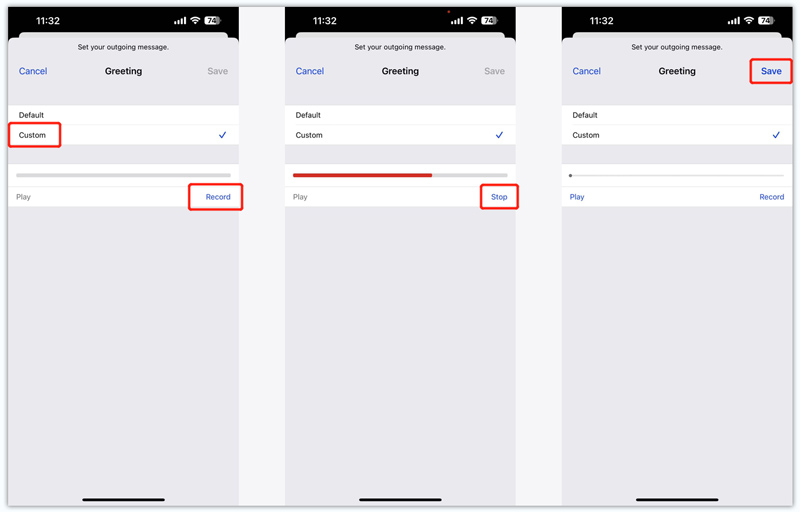 Spela in röstmeddelandehälsning på iPhone