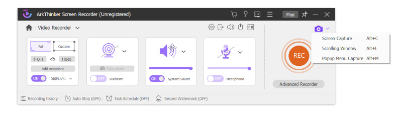 Aufnahmeoptionen des Arkthinker Screen Recorders