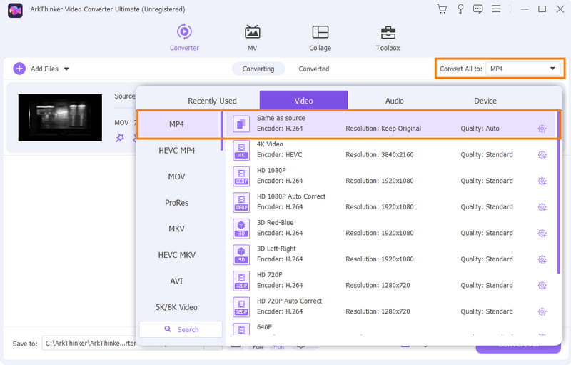 Select MP4 as Output File