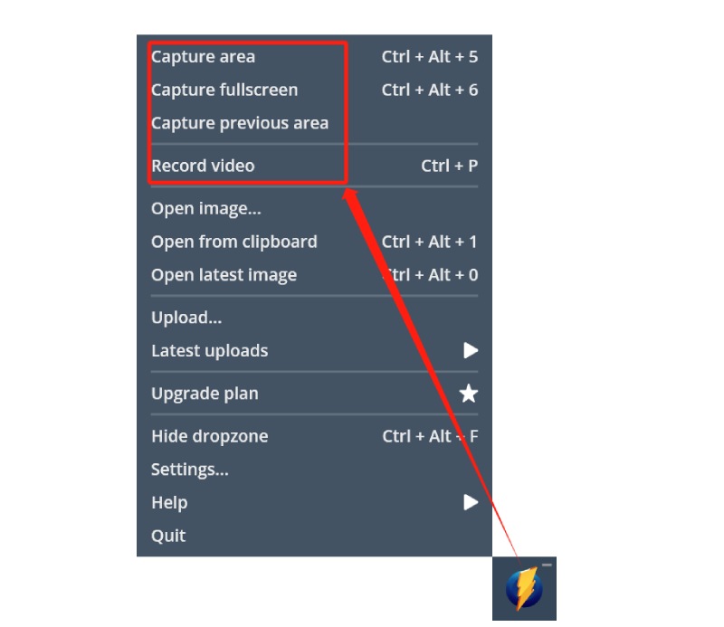 Menu principale di Monosnap