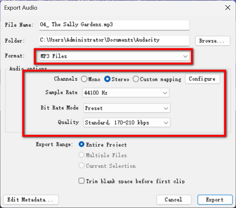 Configuración de exportación de Audacity