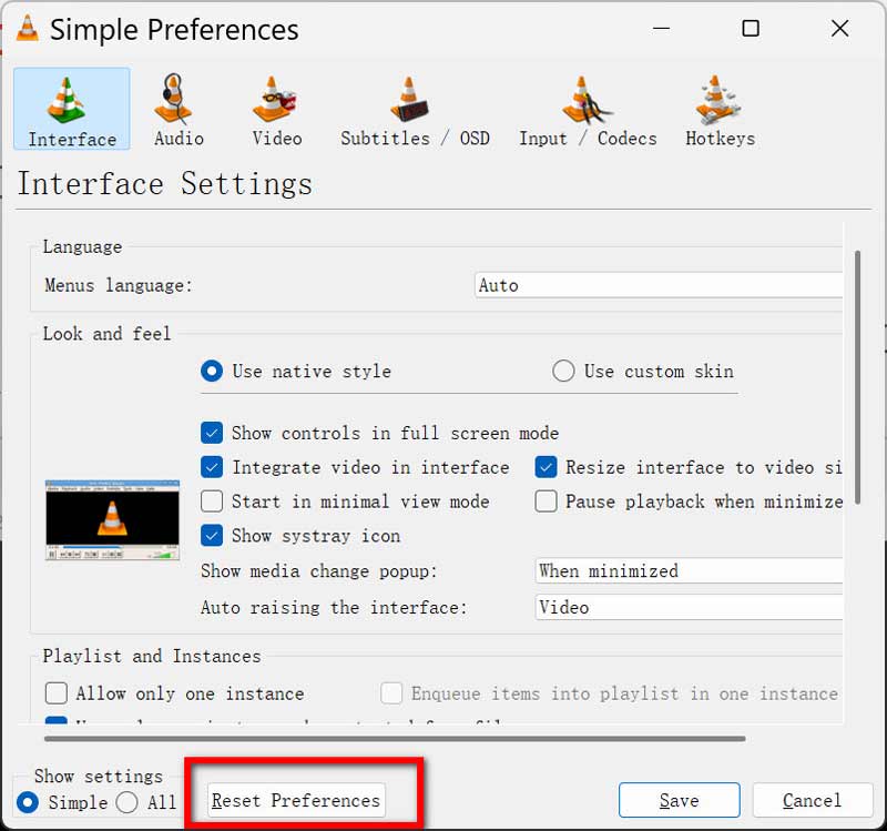 Réinitialiser les préférences de VLC