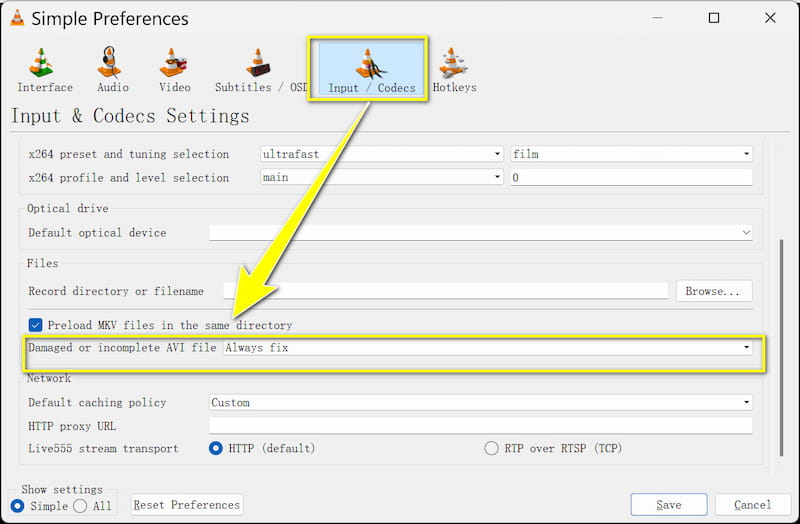 Correction du fichier AVI VLC